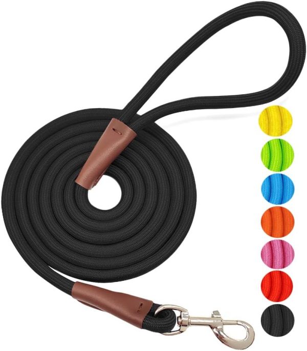 4/6 /8/10 FT Dog Leash, Classic Solid Colors, Strong Nylon Rope Dog Leash Reinforced with Leather  Heavy Duty Silver Clasp (Black, 8ft*1/2")