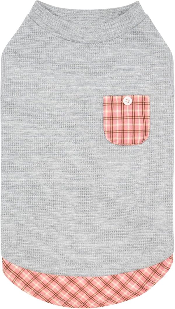 Waffle Dog Shirts for Small Dogs Soft Breathable T-Shirts Lightweight Sleeveless Pet Vest Stretchy Puppy Clothes with Pocket Decoration and Plaid Patchwork Design, Medium