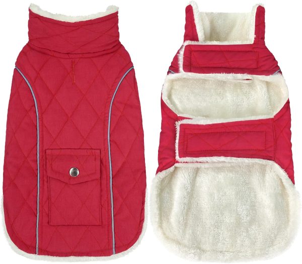 Dog Winter Coat, Windproof Dog Cold Weather Coats with Real Pocket, Winter Extra Warm Pet Coat Fleece Jacket Reflective Clothes for Small Medium Large Dogs and Puppy (Red, Medium)