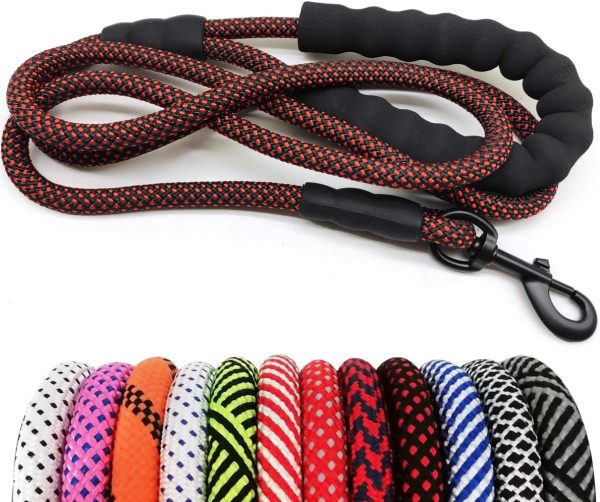 Heavy Duty Rope Dog Leash, 3/4/5/6/7/8/10/12/15 FT Nylon Pet Leash, Soft Padded Handle Thick Lead for Large Medium Dogs(6ft*1/2", Black-red dot)
